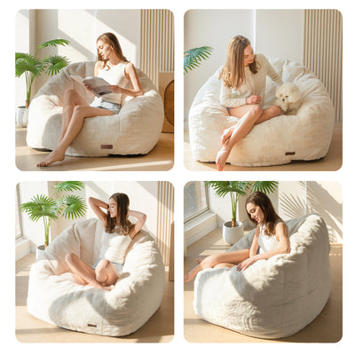 MAXYOYO Giant Bean Bag Chair, Faux Fur Shell-Shaped Oversized Bean Bag Chair with Filler for Gaming, Reading (Beige)