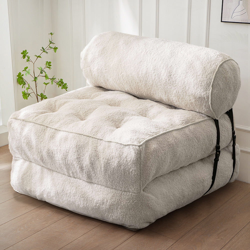 MAXYOYO Folding Sofa Bed Boucle Sleeper Chair with Bolster Pillow Floor Sofa Lounge for Living Room Bedroom Beige