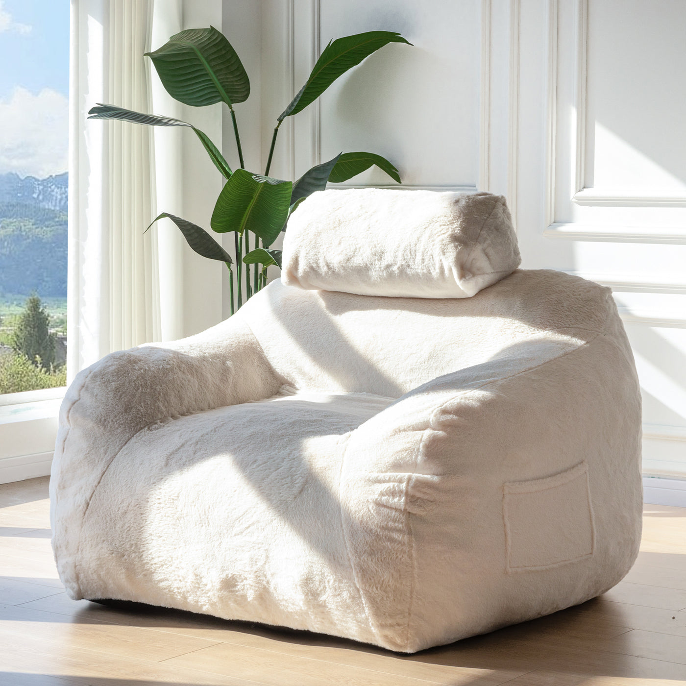 MAXYOYO Giant Bean Bag Chair with Pillow, Faux Fur Fabric Fluffy Large Bean Bag Chair Couch for Reading and Gaming, Beige