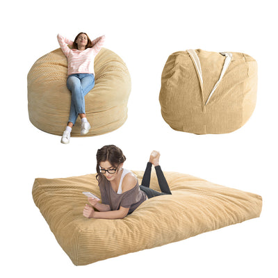 MAXYOYO Convertible Bean Bag Bed, 4ft Corduroy Bean Bag Chairs that Turn into Beds Queen, Camel