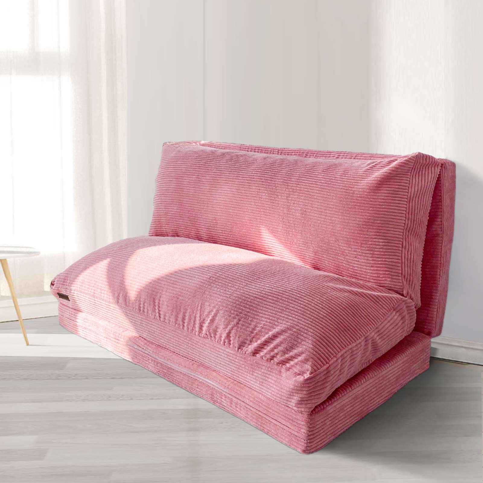 Floor Folding Sofa Bed with Corduroy Washable Cover, Pink Maxyoyo