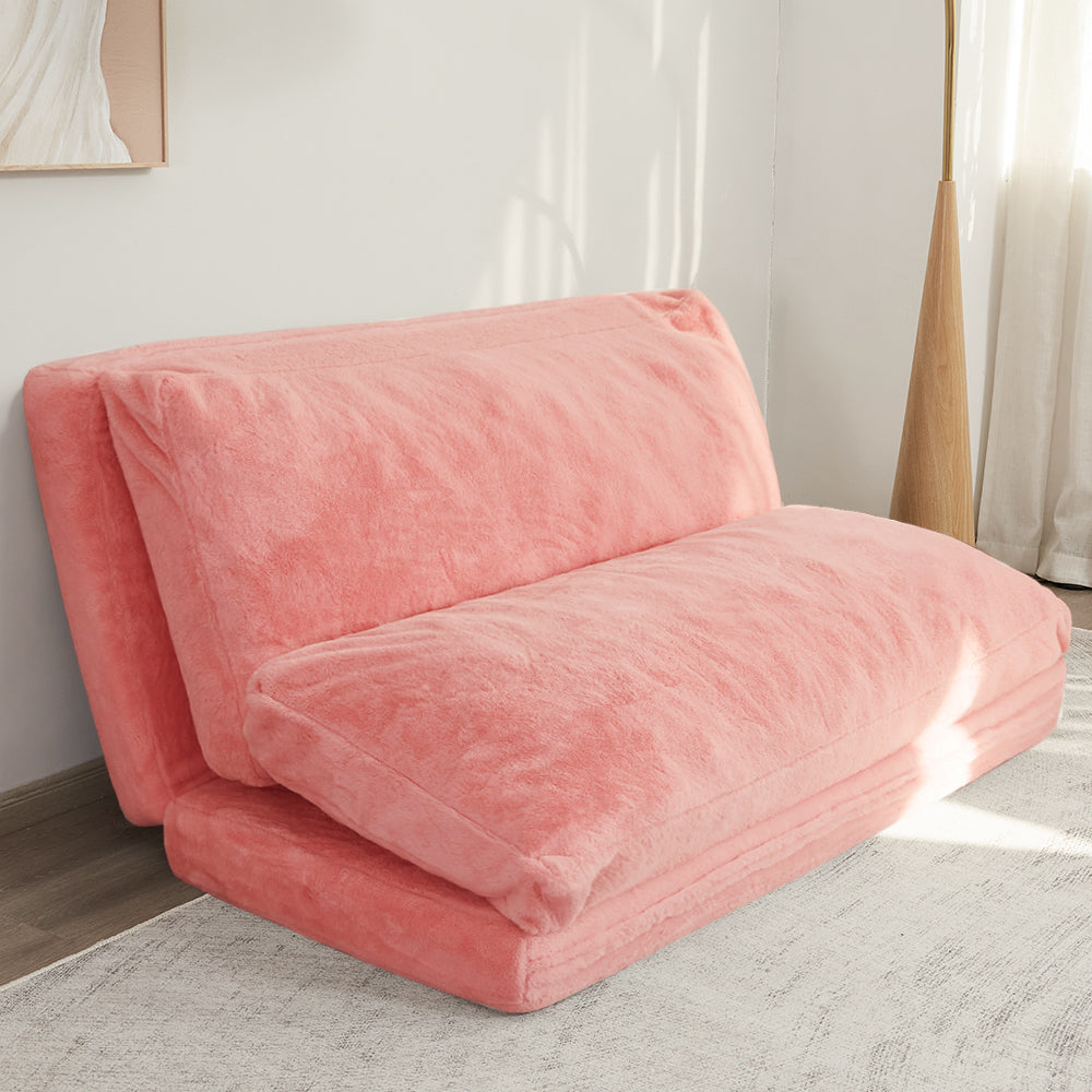 MAXYOYO Bean Bag Folding Sofa Bed, Floor Mattress Extra Thick Floor Sofa with Faux Fur Washable Cover, Pink