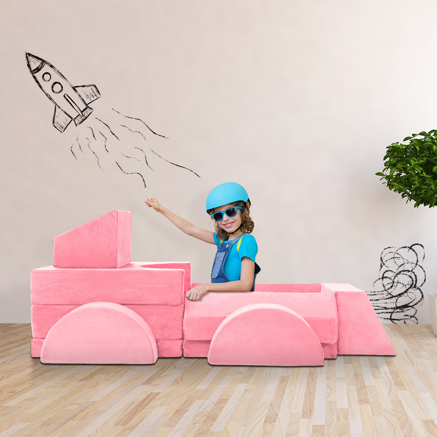 10-Piece Modular Convertible Kids Play Couch Sofa Set with Removable Velvet Covers (Pink)