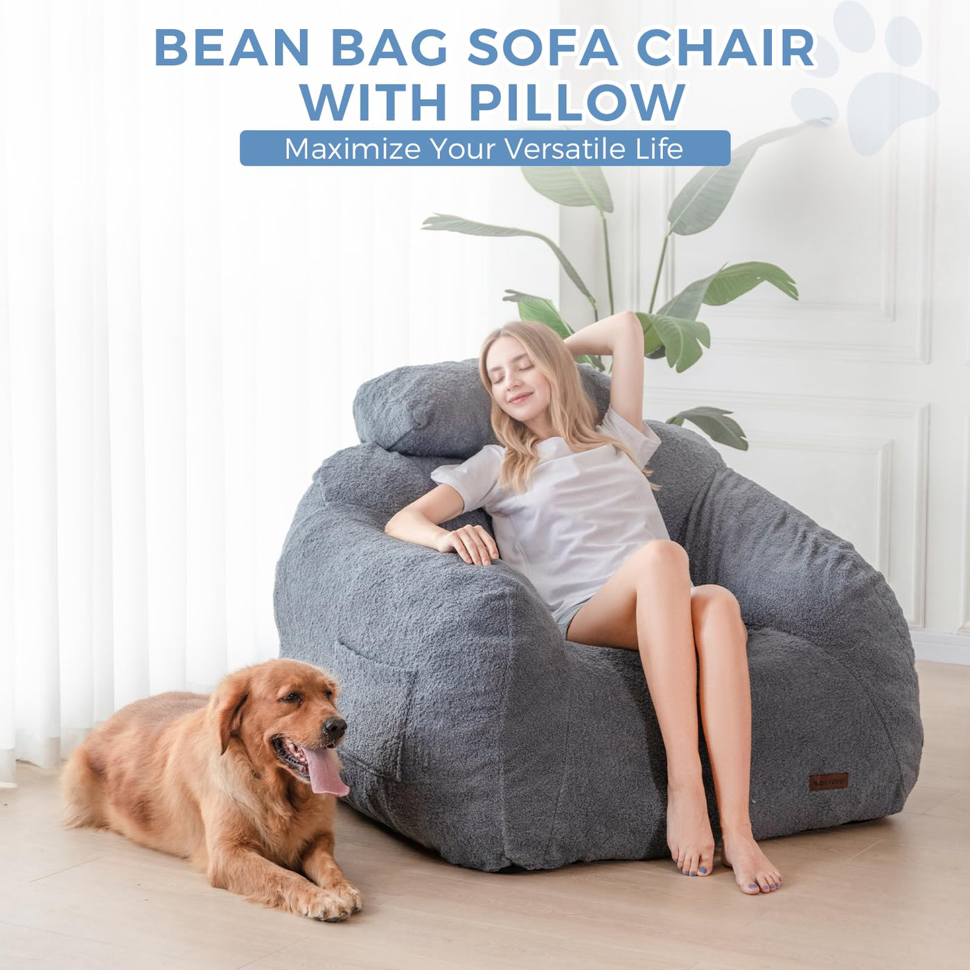MAXYOYO Giant Bean Bag Chair with Pillow, Fuzzy Comfy Large Bean Bag Chair Couch for Reading and Gaming, Dusty Blue