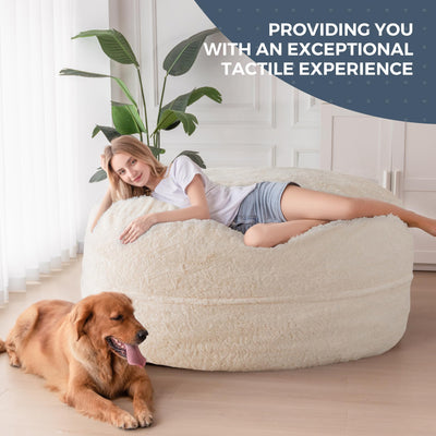 MAXYOYO Giant Bean Bag, Faux Fur Convertible Beanbag Folds from Lazy Chair to Floor Mattress Bed, Beige