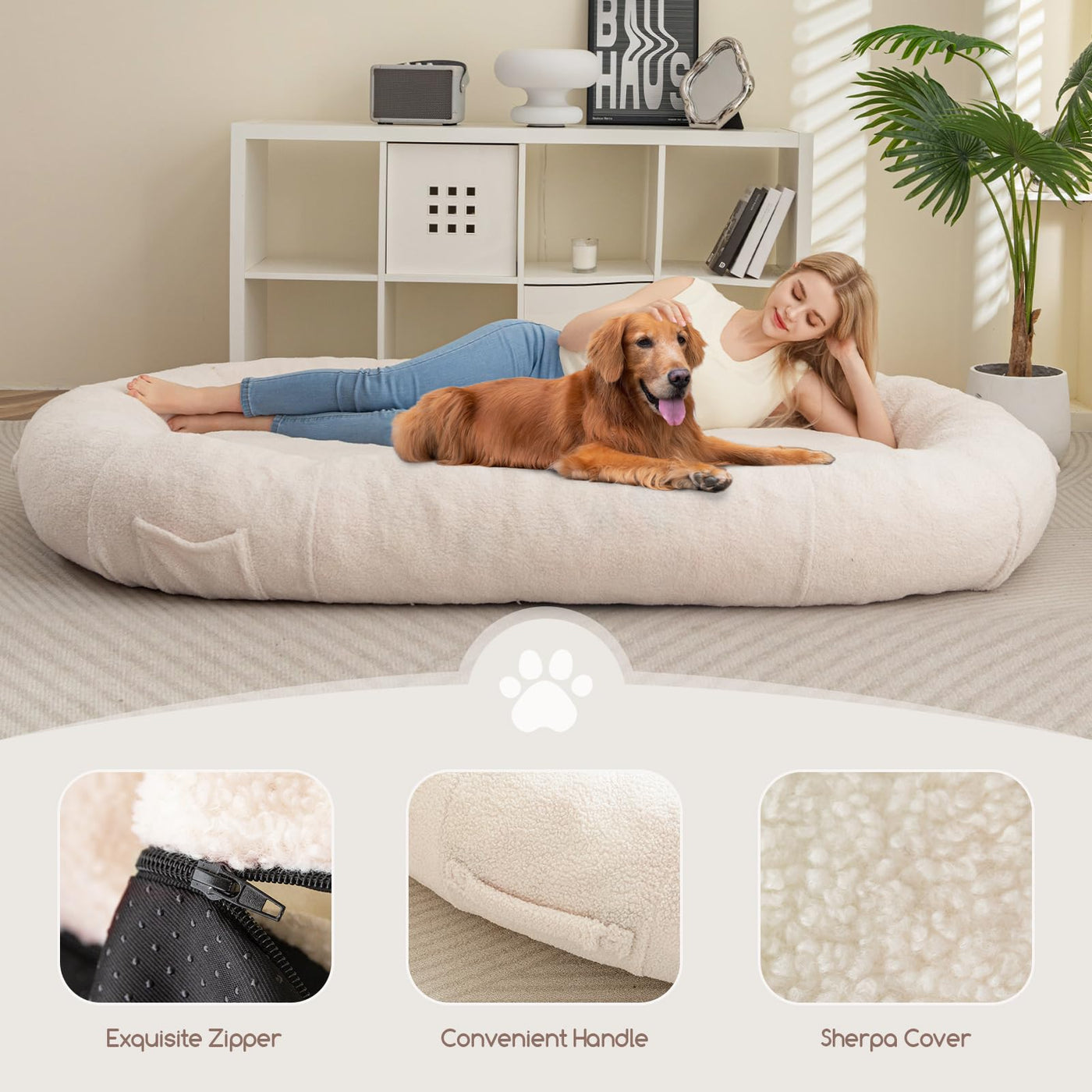 MAXYOYO Giant Dog Bed for Human, Sherpa Dog Bed for Humans Size Fits You and Pets, Beige
