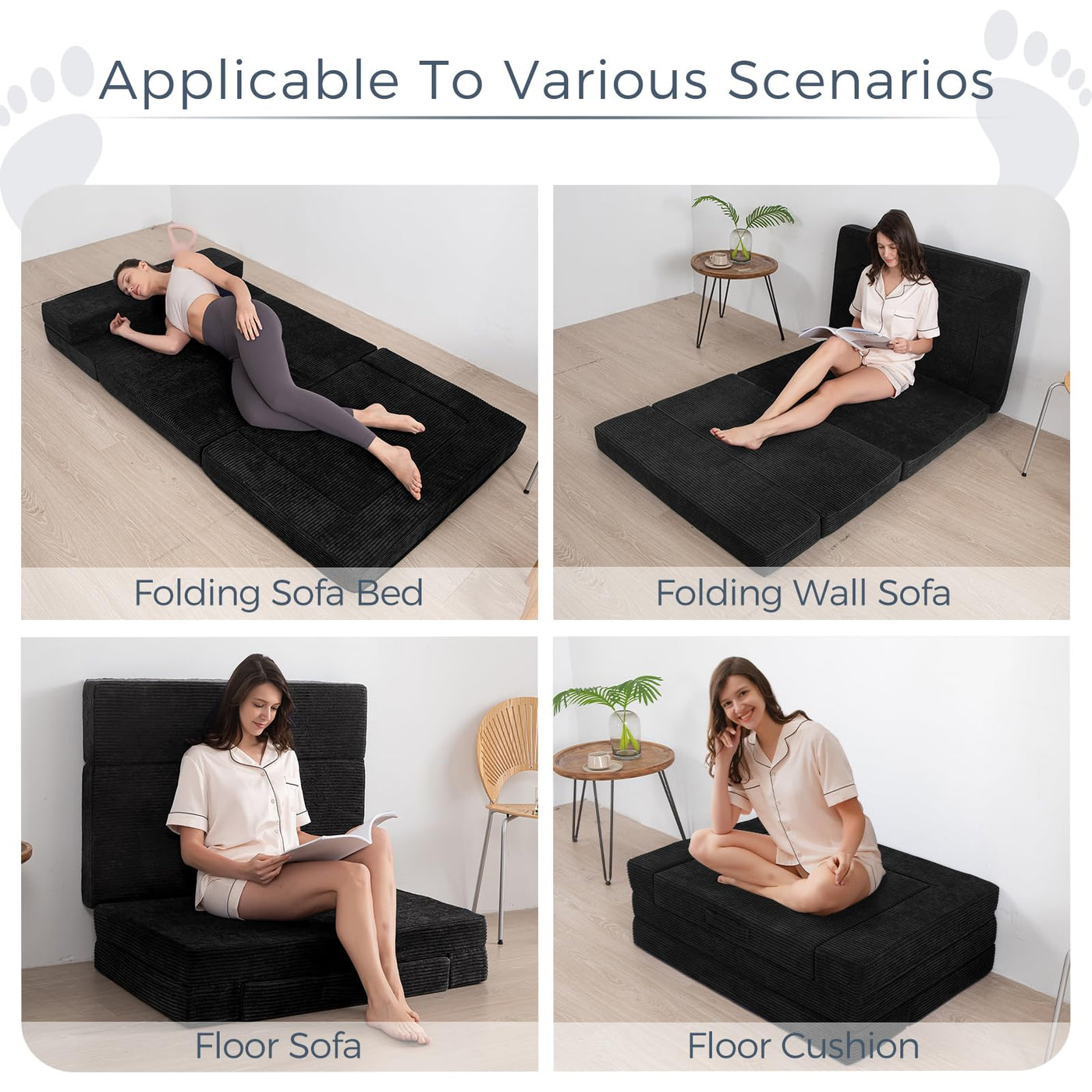 MAXYOYO Multifunctional Folding Sofa Bed, Portable Foldable Sleeper Sofa Floor Couch Futon Mattress for Guest Room, Black