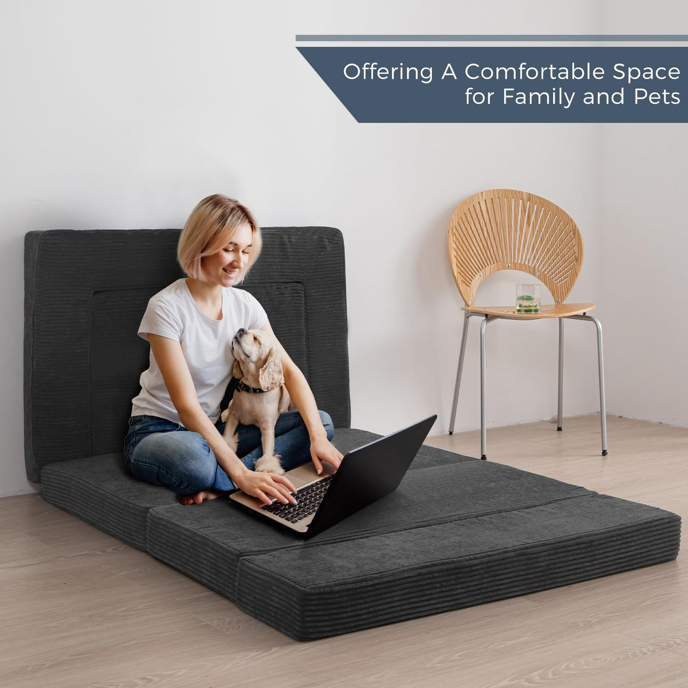 MAXYOYO Multifunctional Folding Sofa Bed, Portable Foldable Sleeper Sofa Floor Couch Futon Mattress for Guest Room, Dark Grey