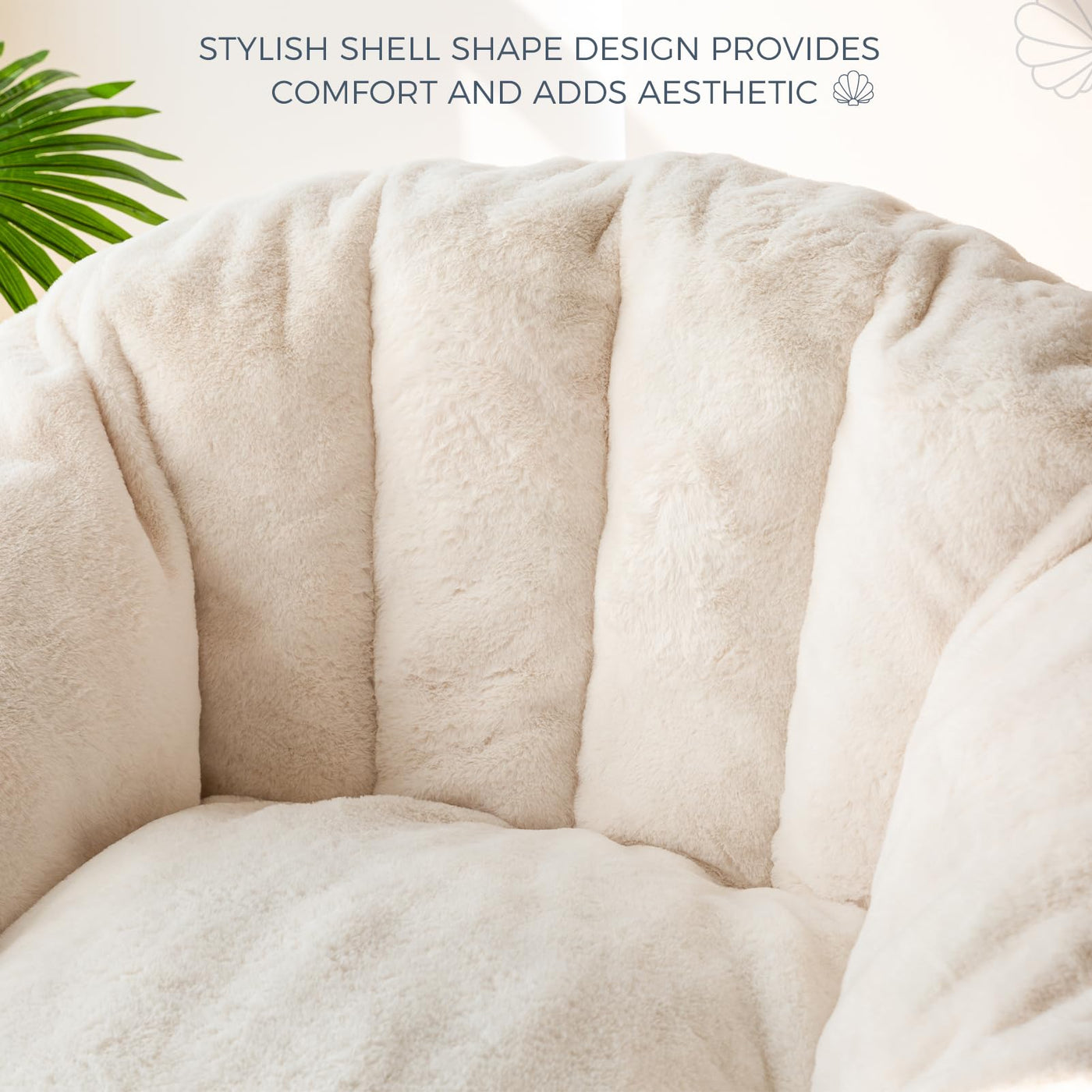 MAXYOYO Giant Bean Bag Chair, Faux Fur Shell-Shaped Oversized Bean Bag Chair with Filler for Gaming, Reading (Beige)