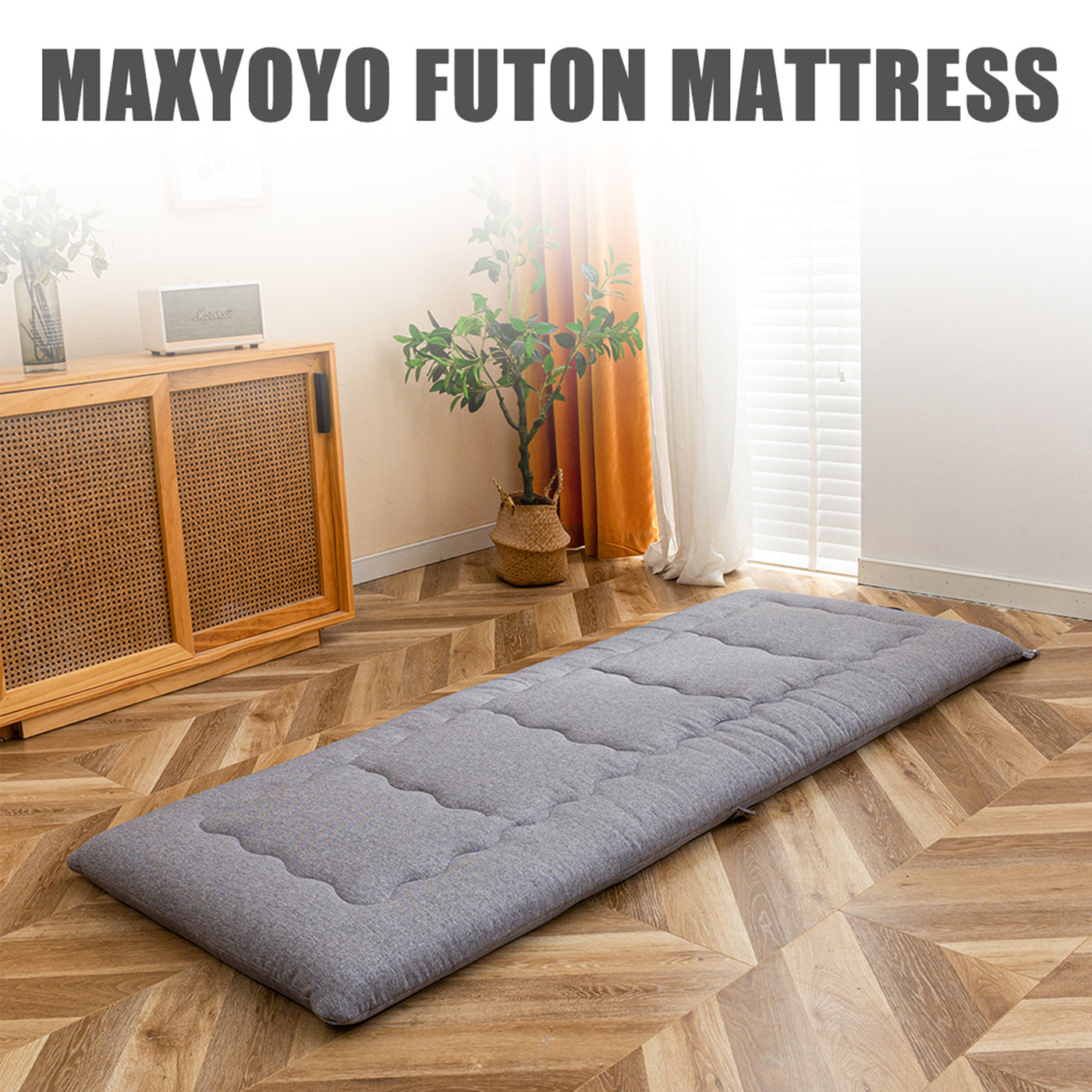 MAXYOYO Roll Up Camping Mattress, Carry Handle Foldable Futon Mattress Outdoor Indoor Roll Out Pad, Grey