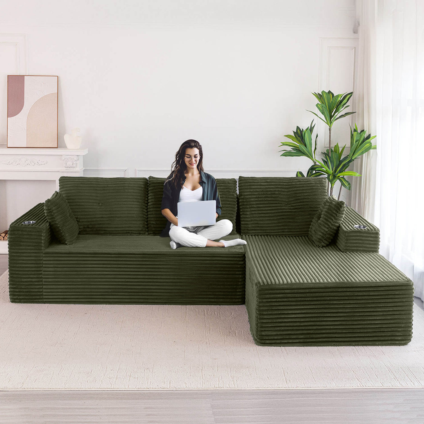 MAXYOYO 104" L-Shape Sectional Sofa - Corduroy Cloud Modular Couch for Living Room, Green