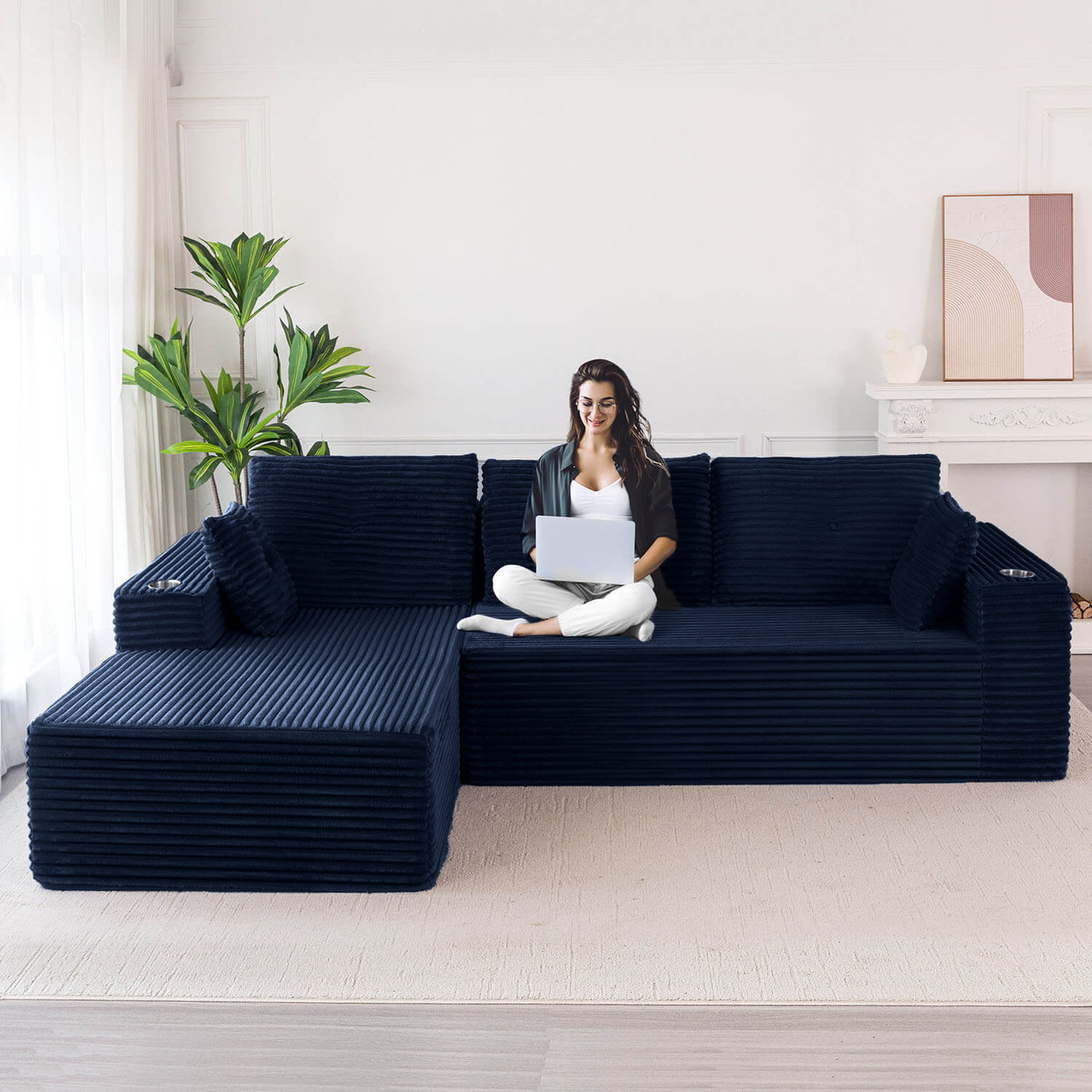 MAXYOYO 104" L-Shape Sectional Sofa - Corduroy Cloud Modular Couch for Living Room, Navy