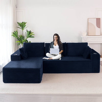 MAXYOYO 104" L-Shape Sectional Sofa - Corduroy Cloud Modular Couch for Living Room, Navy