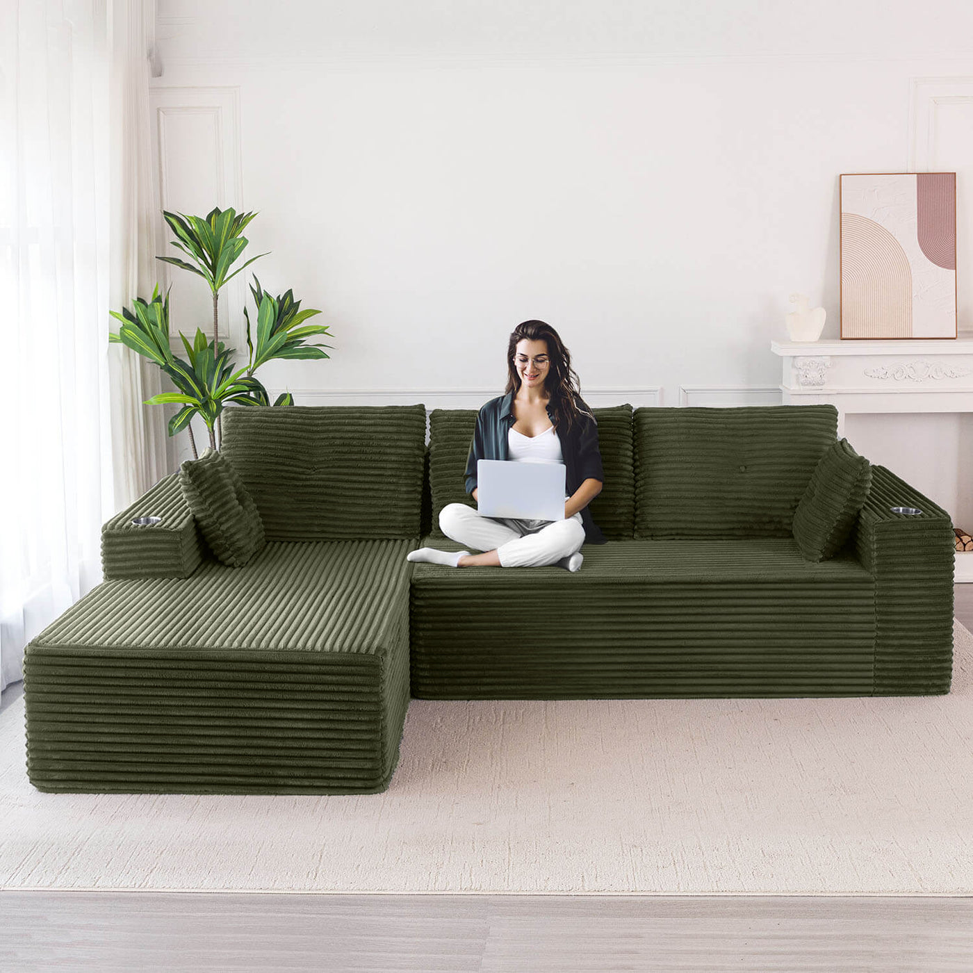 MAXYOYO 104" L-Shape Sectional Sofa - Corduroy Cloud Modular Couch for Living Room, Green