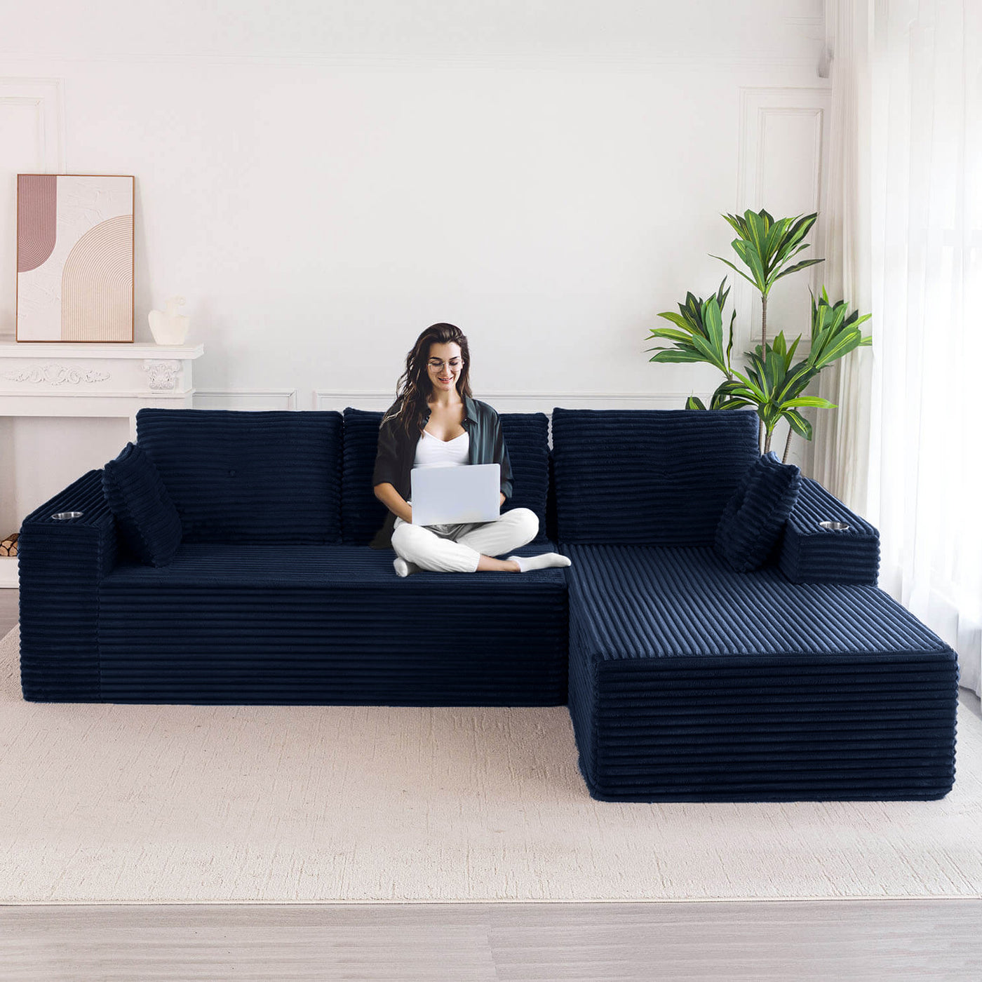 MAXYOYO 104" L-Shape Sectional Sofa - Corduroy Cloud Modular Couch for Living Room, Navy