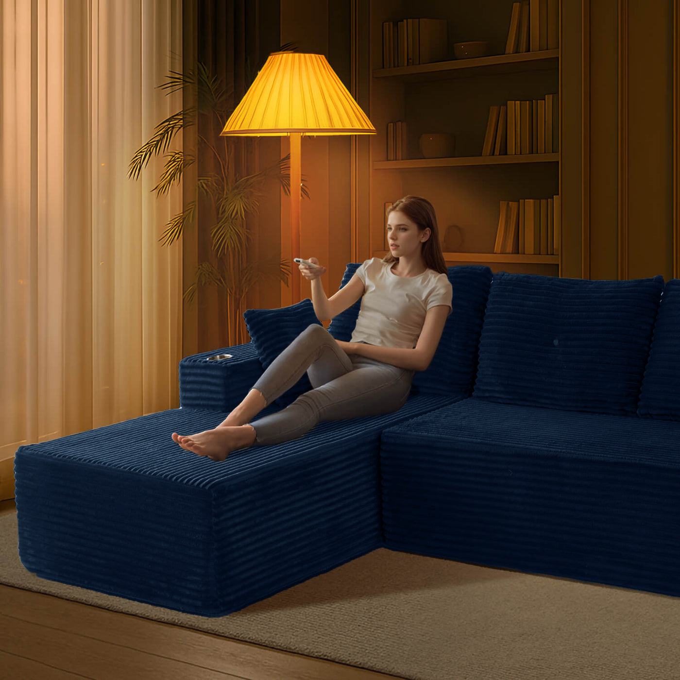 MAXYOYO 104" L-Shape Sectional Sofa - Corduroy Cloud Modular Couch for Living Room, Navy