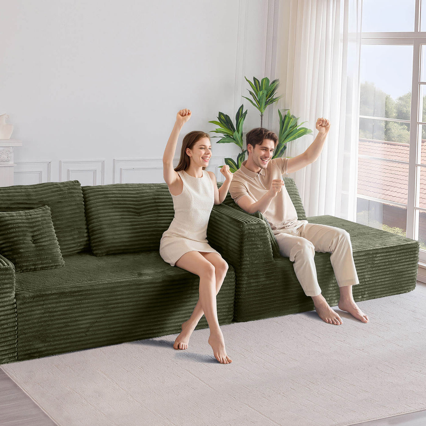 MAXYOYO 104" L-Shape Sectional Sofa - Corduroy Cloud Modular Couch for Living Room, Green
