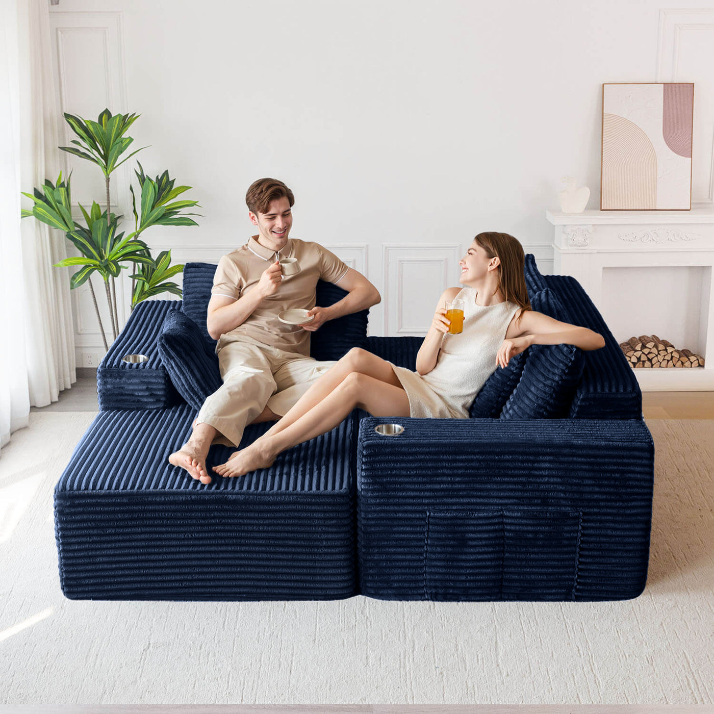 MAXYOYO 104" L-Shape Sectional Sofa - Corduroy Cloud Modular Couch for Living Room, Navy