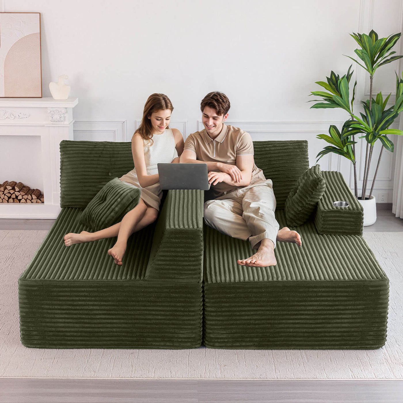 MAXYOYO 104" L-Shape Sectional Sofa - Corduroy Cloud Modular Couch for Living Room, Green