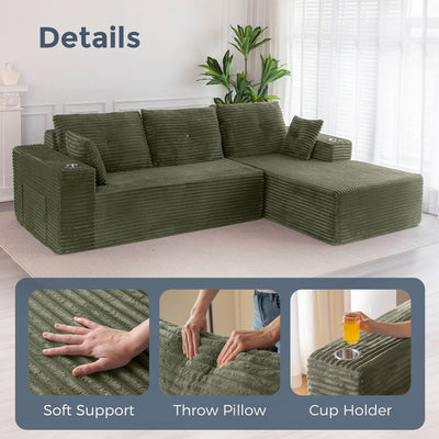 MAXYOYO 104" L-Shape Sectional Sofa - Corduroy Cloud Modular Couch for Living Room, Green