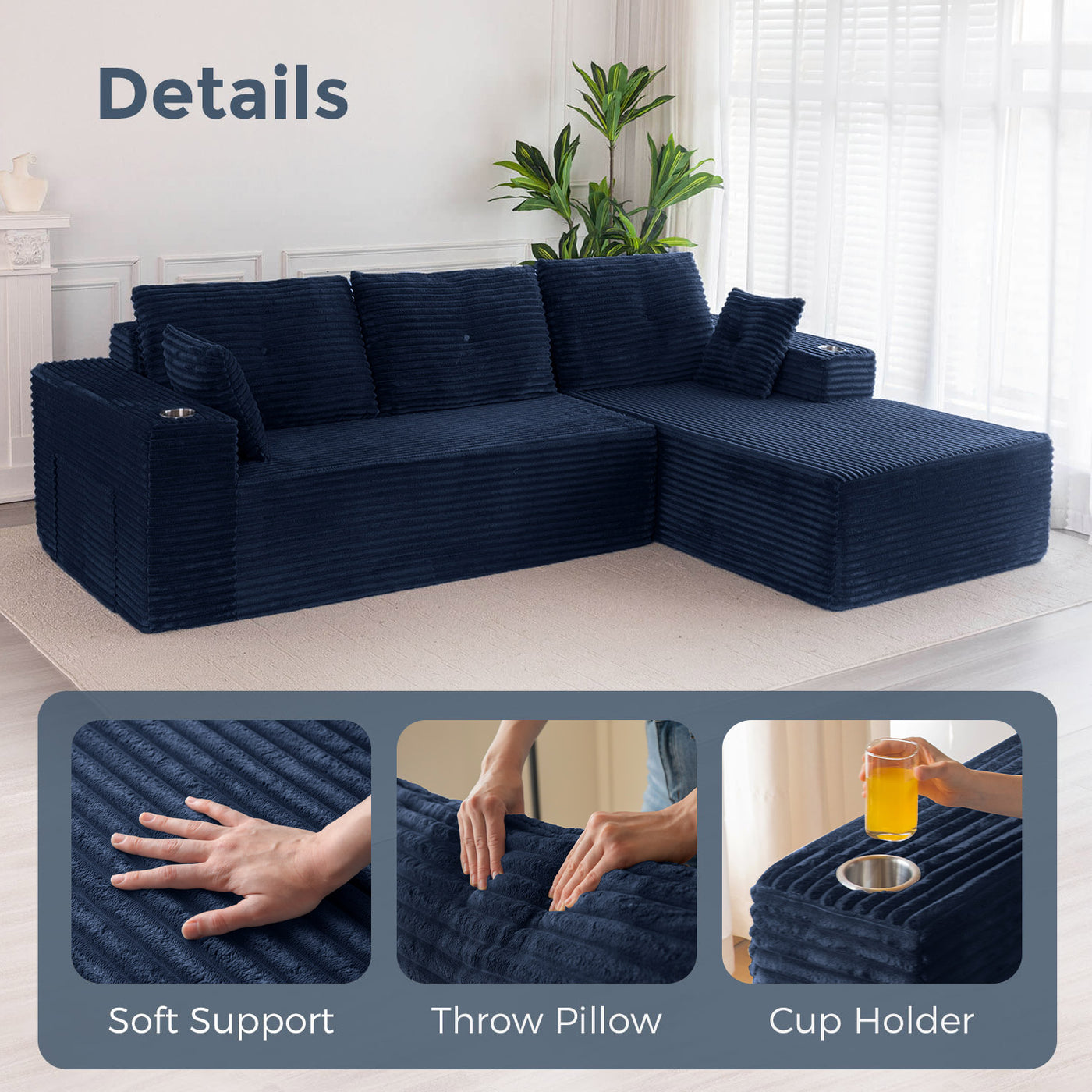 MAXYOYO 104" L-Shape Sectional Sofa - Corduroy Cloud Modular Couch for Living Room, Navy