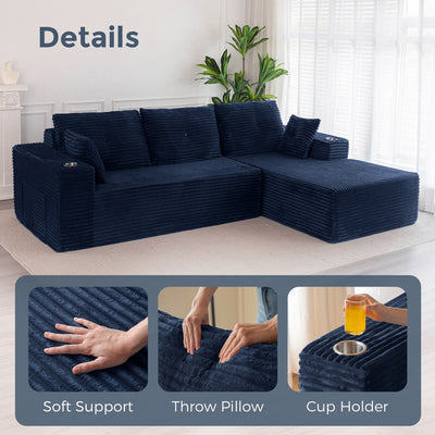 MAXYOYO 104" L-Shape Sectional Sofa - Corduroy Cloud Modular Couch for Living Room, Navy