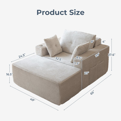 MAXYOYO 65"x49" Chaise Lounge Chair - Modular Lounge Sleeper Sofa with Pillows for Living Room Bedroom, Grey