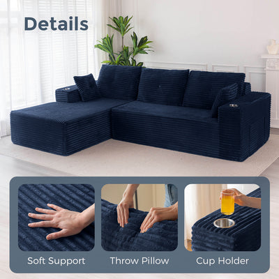 MAXYOYO 104" L-Shape Sectional Sofa - Corduroy Cloud Modular Couch for Living Room, Navy