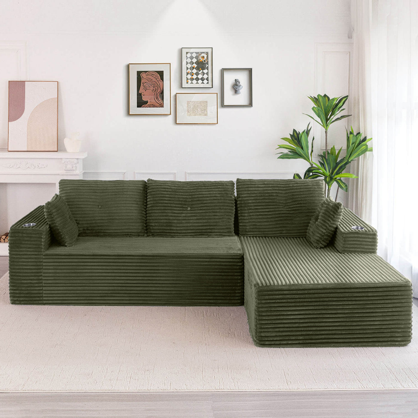 MAXYOYO 104" L-Shape Sectional Sofa - Corduroy Cloud Modular Couch for Living Room, Green