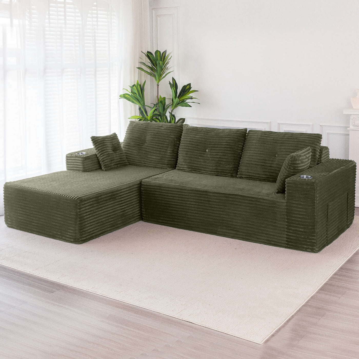 MAXYOYO 104" L-Shape Sectional Sofa - Corduroy Cloud Modular Couch for Living Room, Green