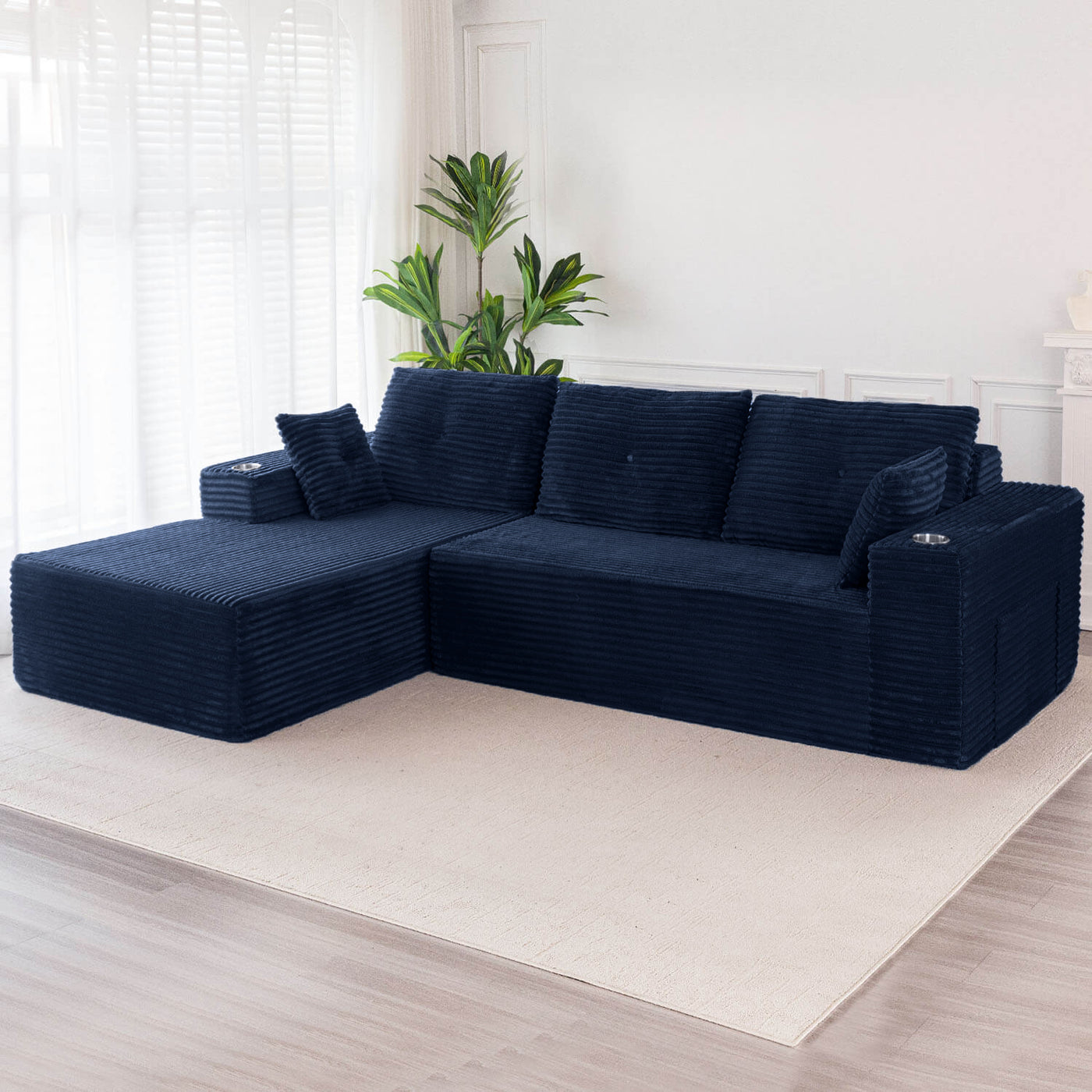 MAXYOYO 104" L-Shape Sectional Sofa - Corduroy Cloud Modular Couch for Living Room, Navy