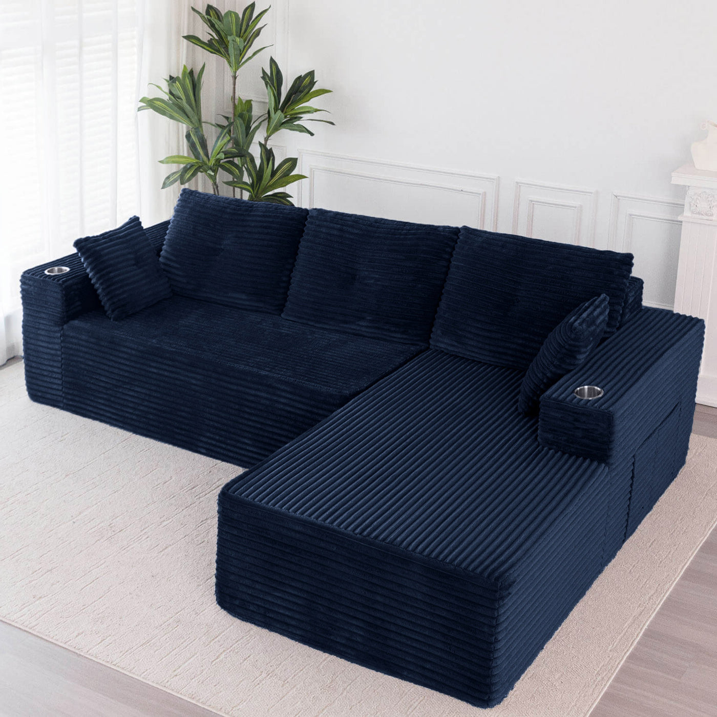 MAXYOYO 104" L-Shape Sectional Sofa - Corduroy Cloud Modular Couch for Living Room, Navy