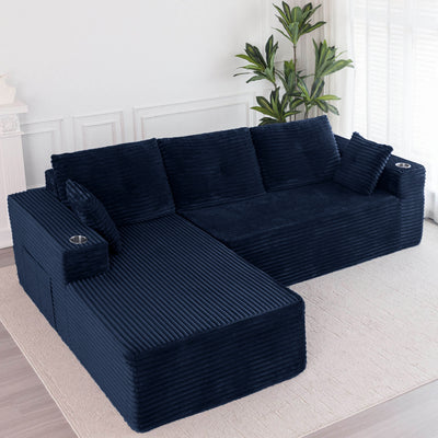 MAXYOYO 104" L-Shape Sectional Sofa - Corduroy Cloud Modular Couch for Living Room, Navy