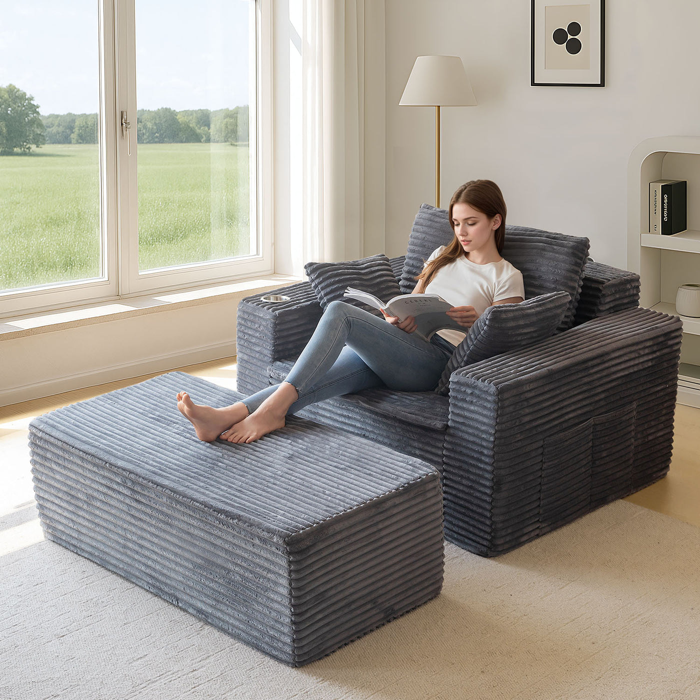 MAXYOYO 65"x49'' Chaise Lounge Sofa - Oversized Chaise Lounge Chair Cozy Cloud Couch with 3 Pillows, Dark Grey