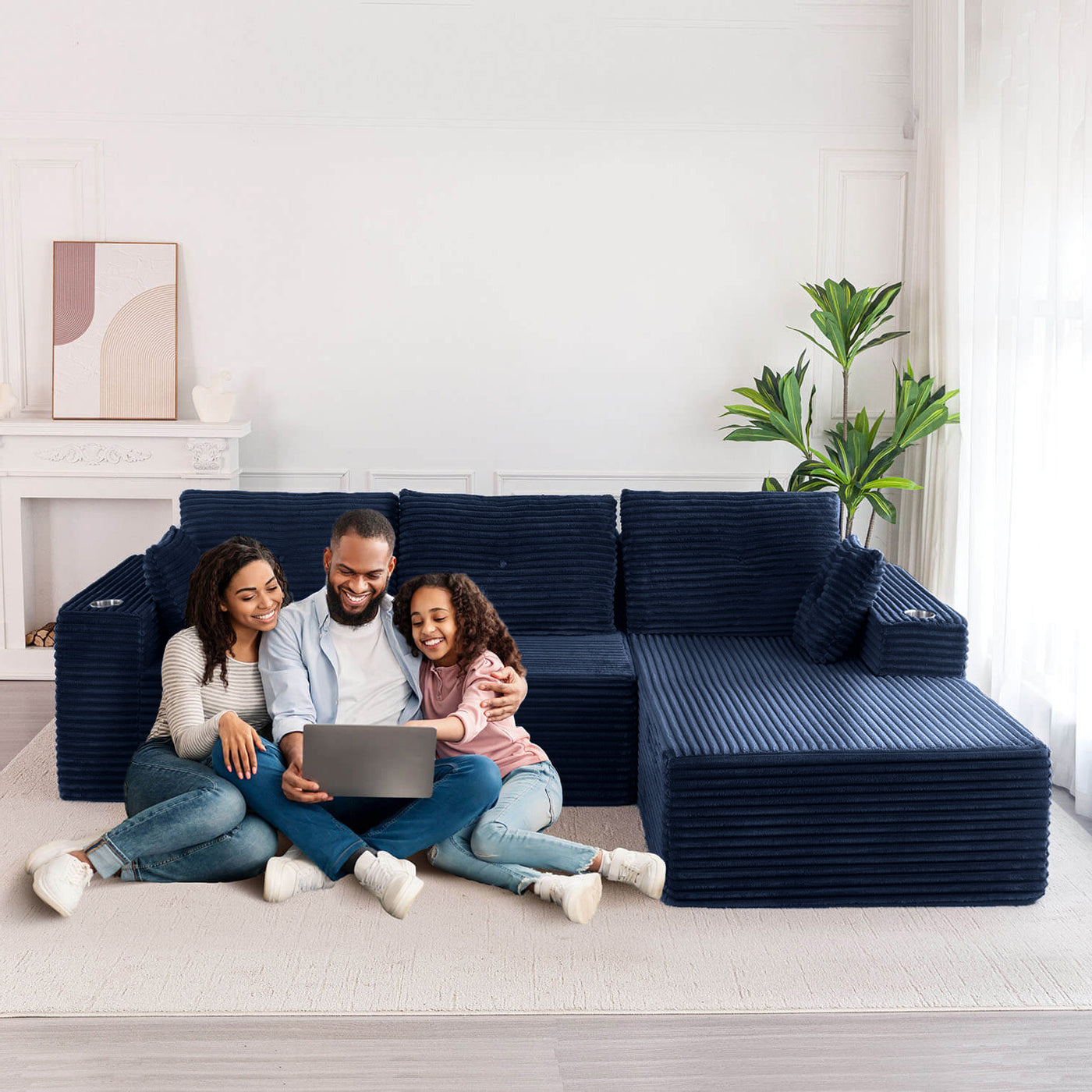 MAXYOYO 104" L-Shape Sectional Sofa - Corduroy Cloud Modular Couch for Living Room, Navy