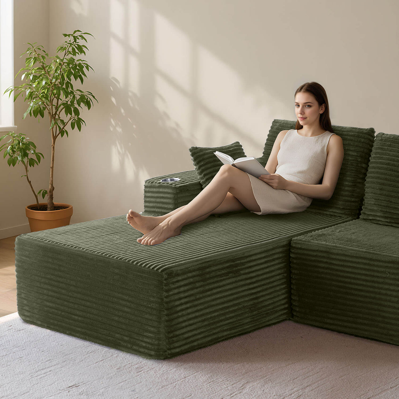 MAXYOYO 104" L-Shape Sectional Sofa - Corduroy Cloud Modular Couch for Living Room, Green