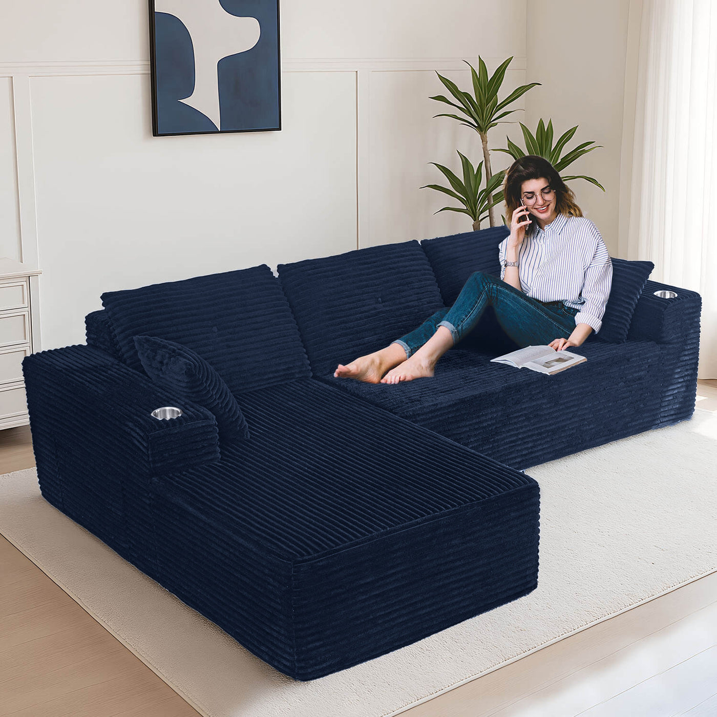 MAXYOYO 104" L-Shape Sectional Sofa - Corduroy Cloud Modular Couch for Living Room, Navy