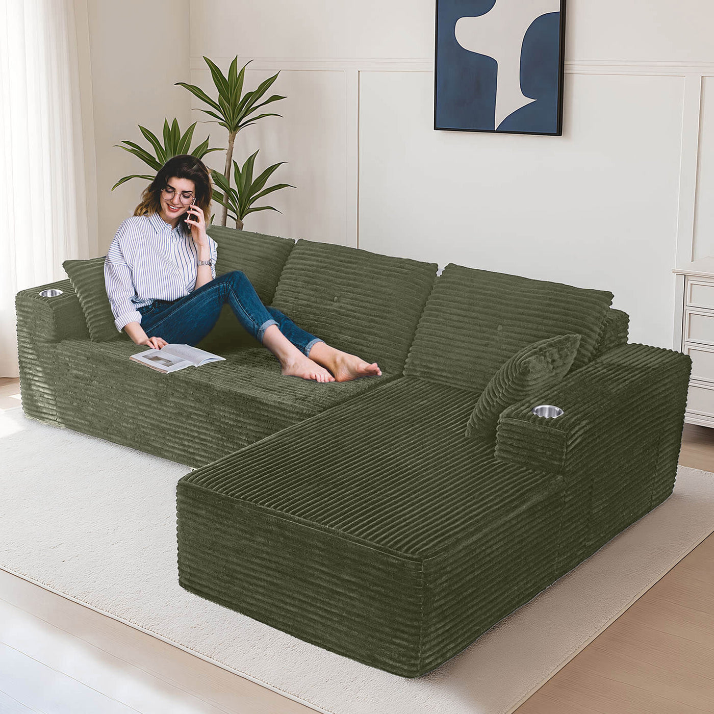 MAXYOYO 104" L-Shape Sectional Sofa - Corduroy Cloud Modular Couch for Living Room, Green