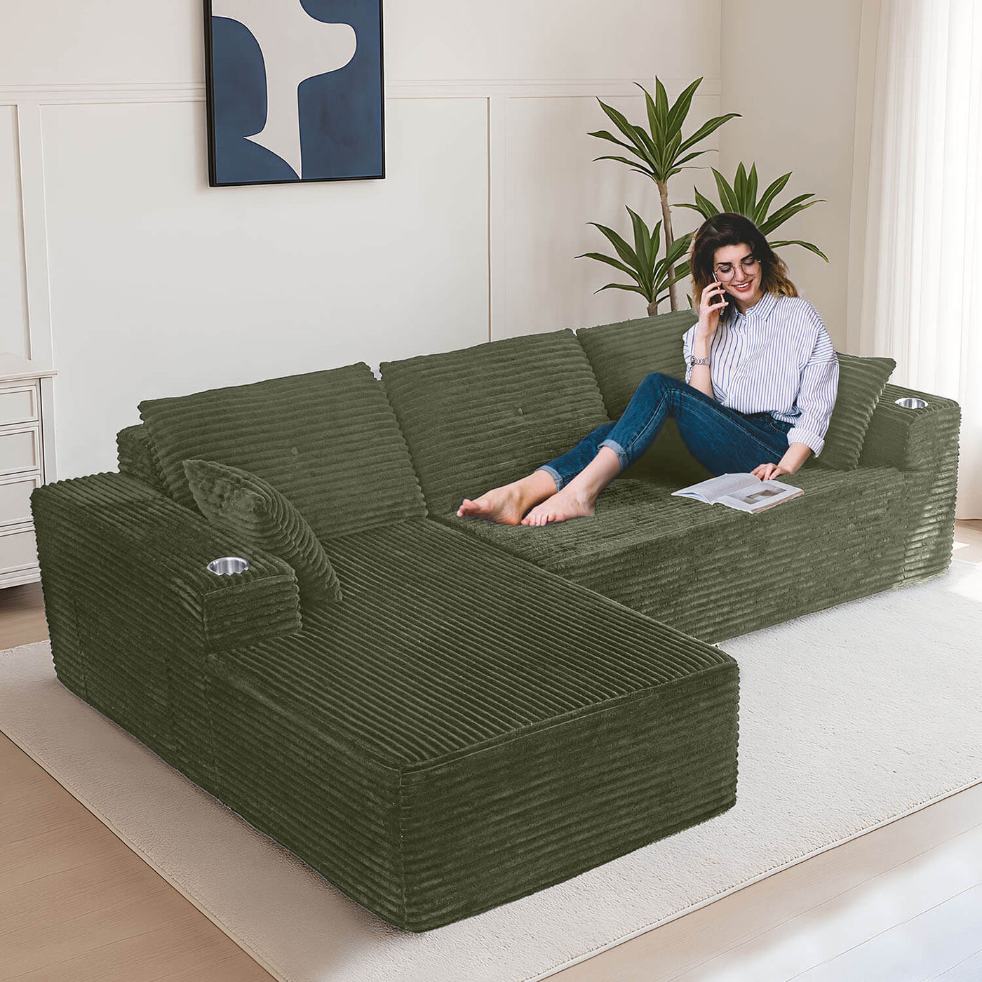 MAXYOYO 104" L-Shape Sectional Sofa - Corduroy Cloud Modular Couch for Living Room, Green