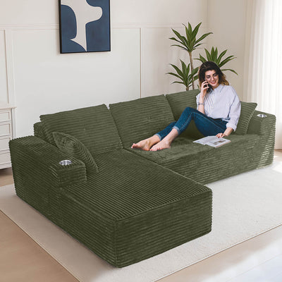 MAXYOYO 104" L-Shape Sectional Sofa - Corduroy Cloud Modular Couch for Living Room, Green