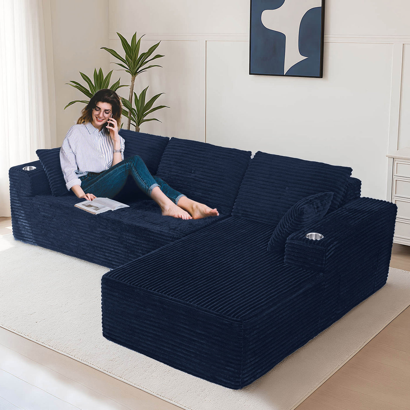 MAXYOYO 104" L-Shape Sectional Sofa - Corduroy Cloud Modular Couch for Living Room, Navy