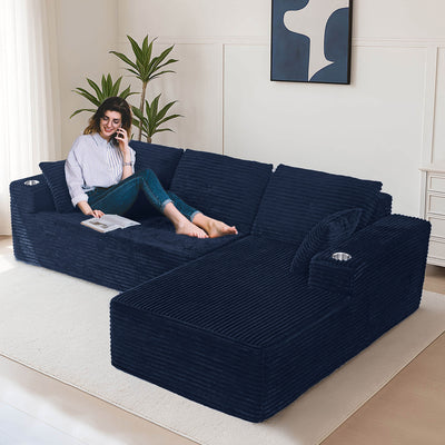 MAXYOYO 104" L-Shape Sectional Sofa - Corduroy Cloud Modular Couch for Living Room, Navy