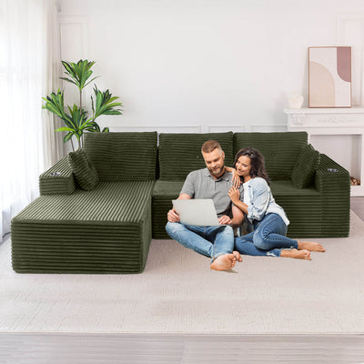 MAXYOYO 104" L-Shape Sectional Sofa - Corduroy Cloud Modular Couch for Living Room, Green