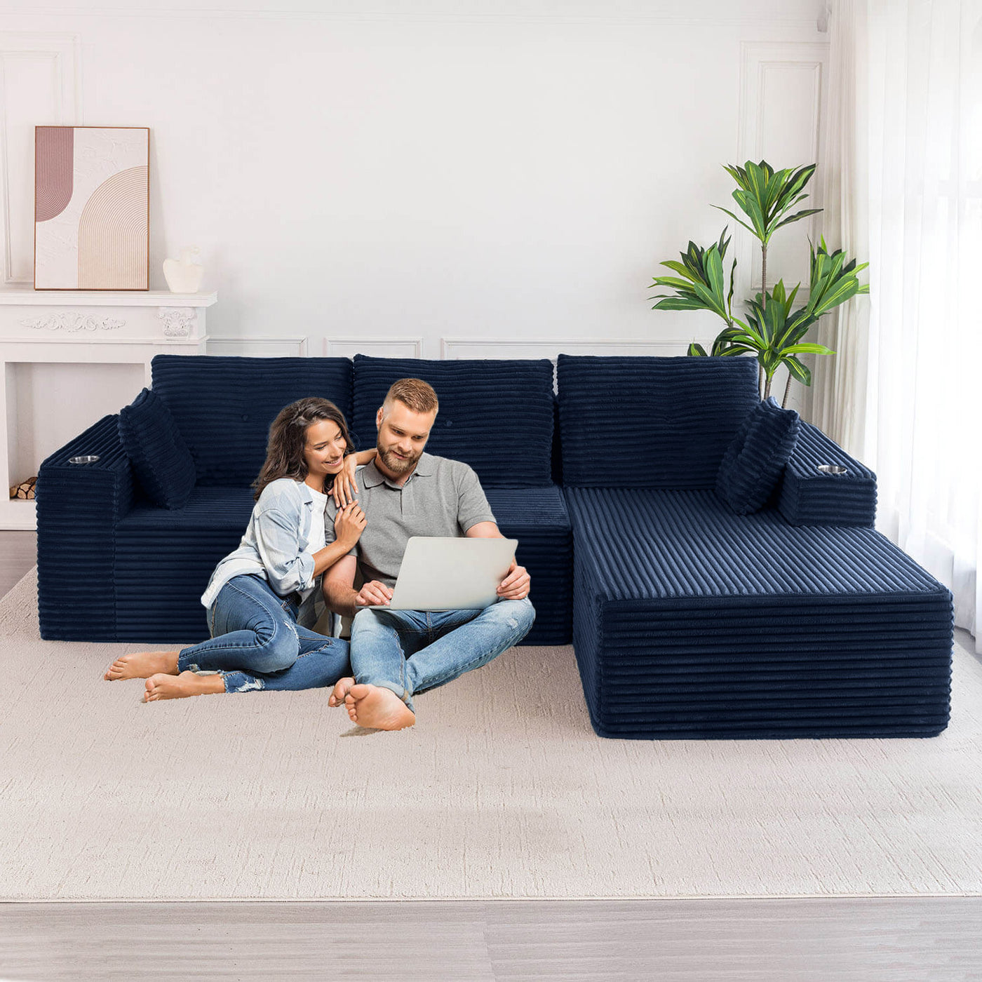 MAXYOYO 104" L-Shape Sectional Sofa - Corduroy Cloud Modular Couch for Living Room, Navy