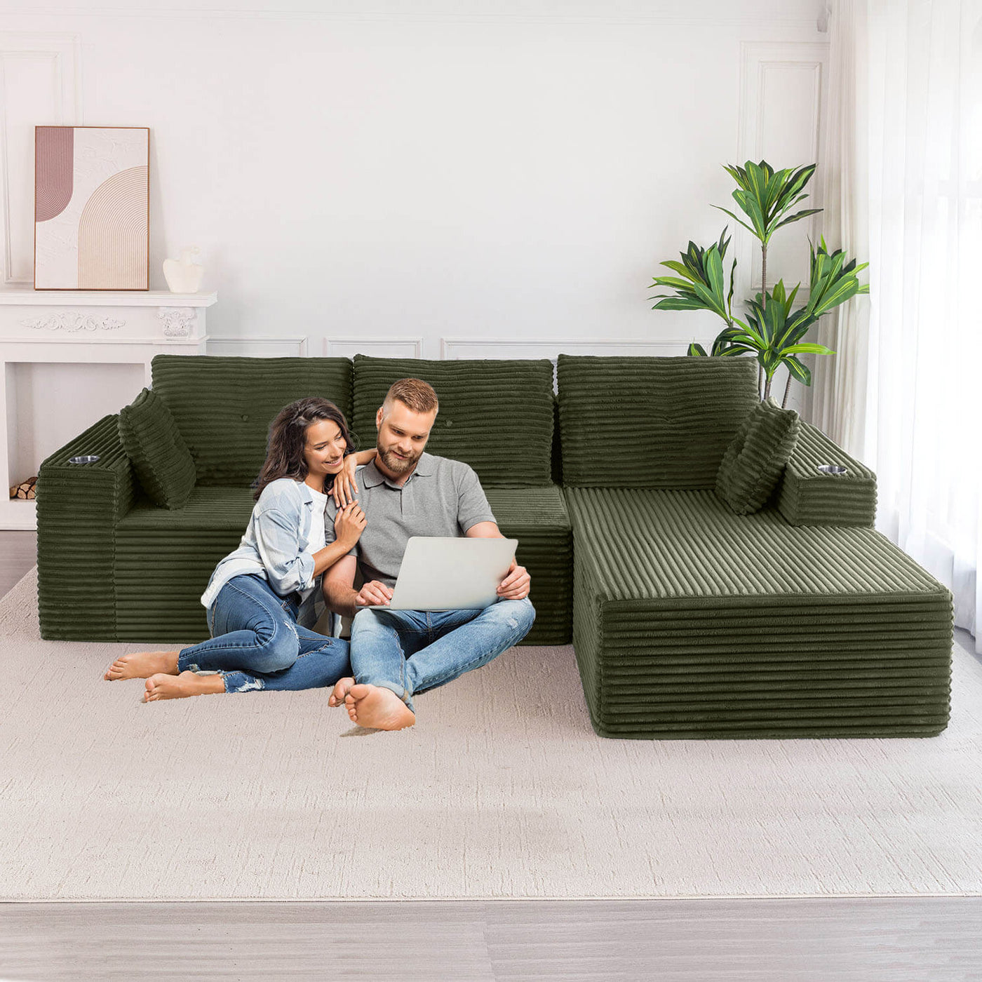 MAXYOYO 104" L-Shape Sectional Sofa - Corduroy Cloud Modular Couch for Living Room, Green