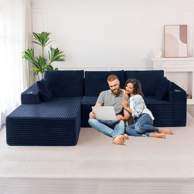 MAXYOYO 104" L-Shape Sectional Sofa - Corduroy Cloud Modular Couch for Living Room, Navy