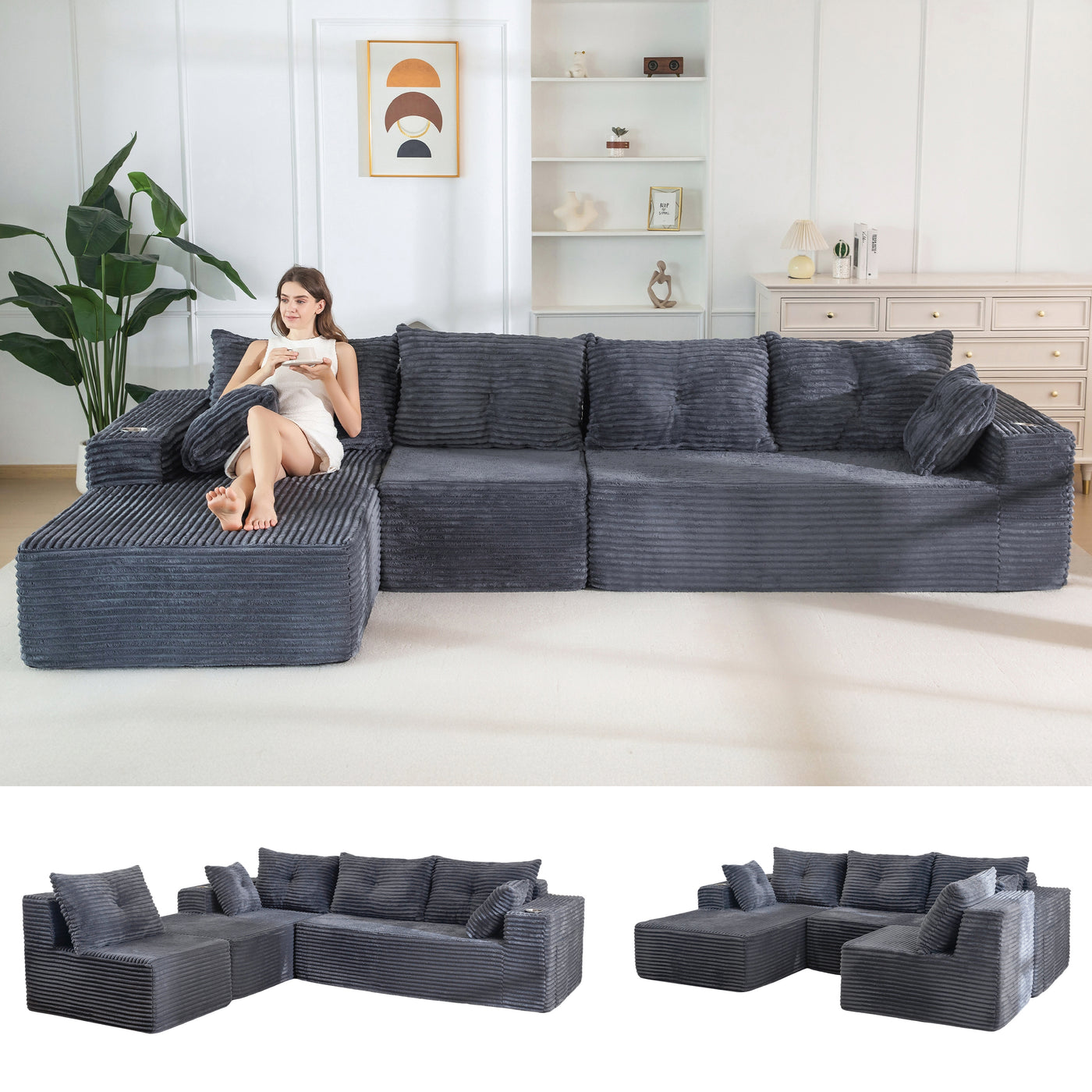 MAXYOYO 104" U-Shaped Modular Sectional Couch, Modern Boneless Couch for Living Room, Sofa in A Box, Oversized Sofa Sleeper with Deep Seat, No Assembly Required