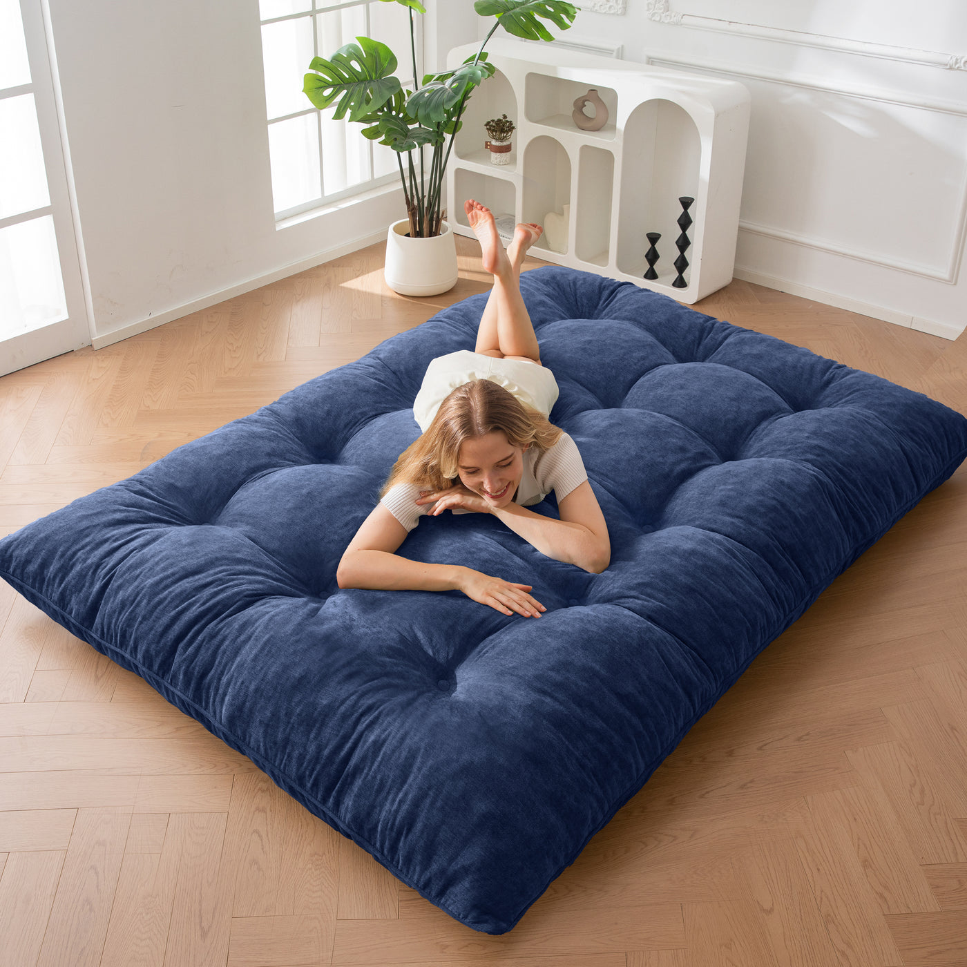 MAXYOYO Floor Futon Mattress, 6 Inch Tufted Folding Mattress with Chenille Fabric, Floor Sofa Bed Guest Couch Bed for Adults, Navy