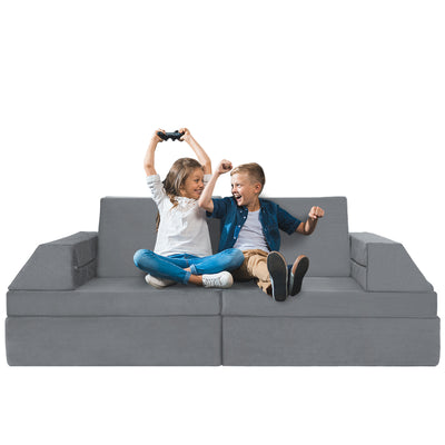 MAXYOYO 10-Piece Modular Convertible Kids Play Couch Sofa Set with Removable Velvet Covers (Grey)