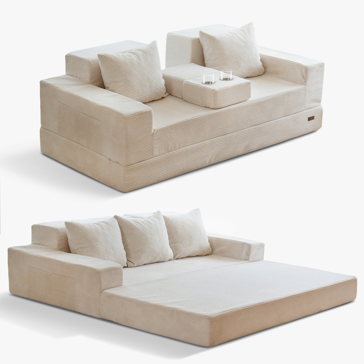MAXYOYO Sofa Bed, 4 in 1 Foldable Floor Sofa Couch in A Box with 2 Cup Holders, Convertible 3 Seater Boneless Couch Folding Recliner Sleeper Chair for Living Room, No Assembly Required